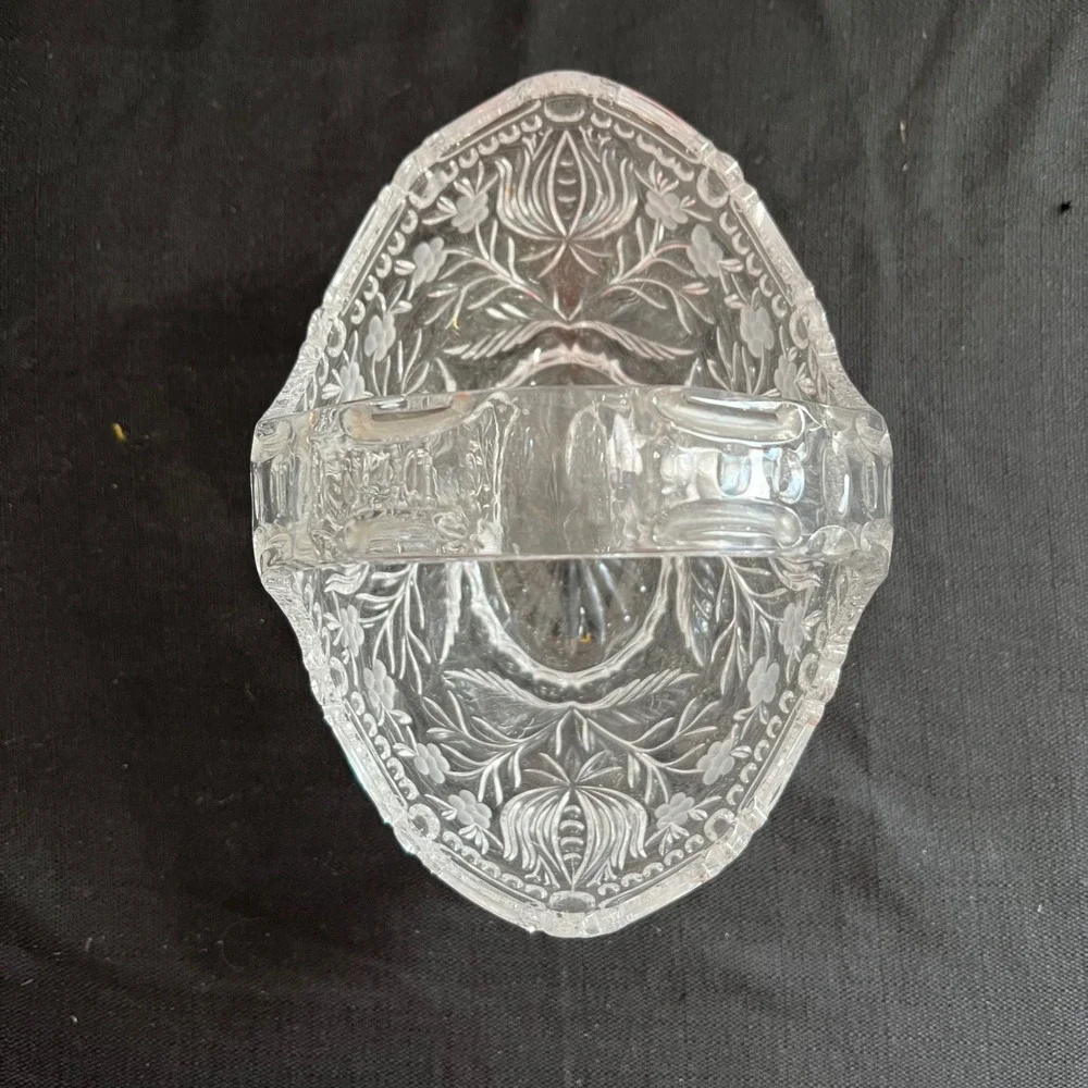 Vintage Clear Etched Crystal Glass Basket Floral Leaf Pattern Applied Handle